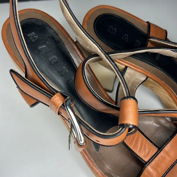 MARNI T-Strap Platform Heeled Sandals Brown/Black Leather Women’s Size 38