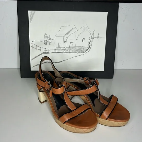 MARNI T-Strap Platform Heeled Sandals Brown/Black Leather Women’s Size 38