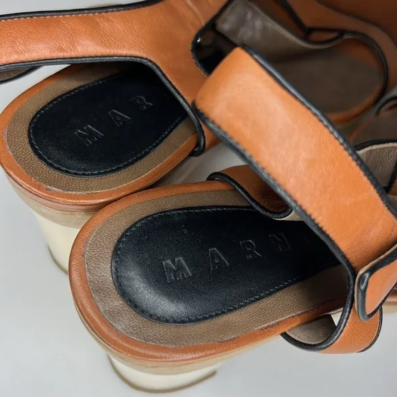 MARNI T-Strap Platform Heeled Sandals Brown/Black Leather Women’s Size 38