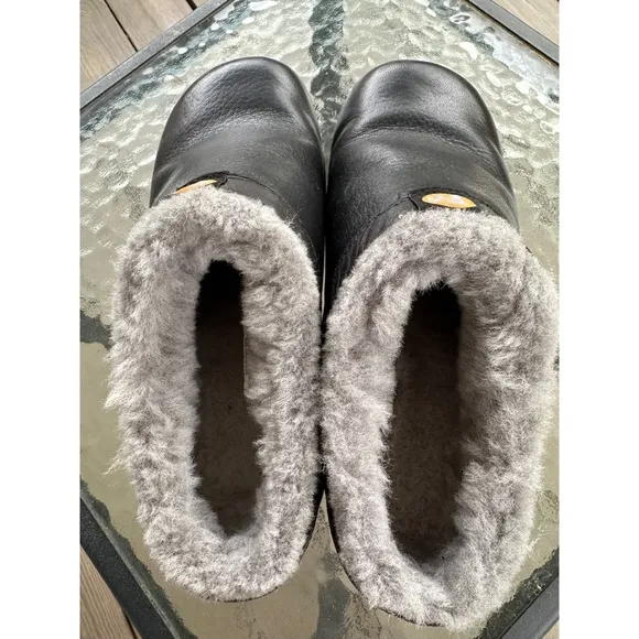 Merrell Clogs Mules Black Smooth Leather Fuzzy Slippers Comfort Shoes US 6