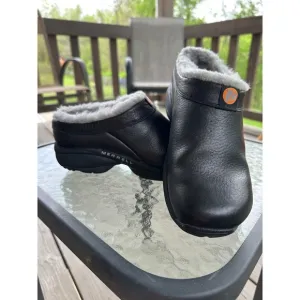 Merrell Clogs Mules Black Smooth Leather Fuzzy Slippers Comfort Shoes US 6