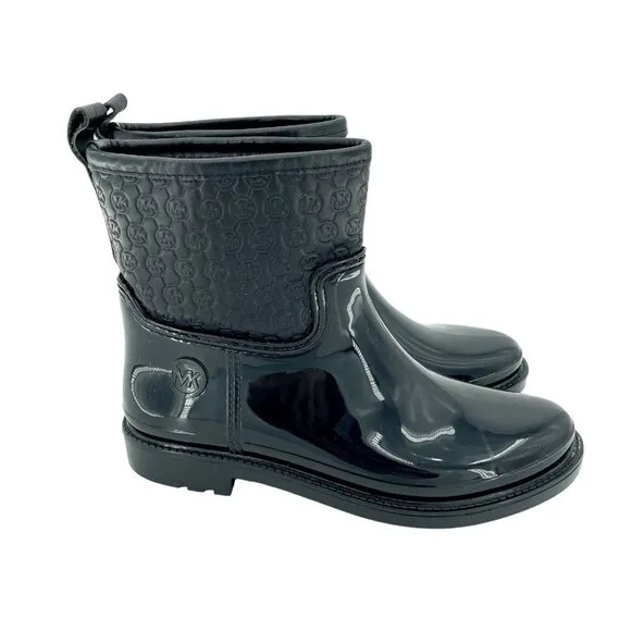 Michael Kors Blakely Rain Logo Embossed Leather Ankle Rubber Boots SZ 7
