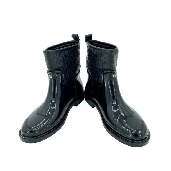 Michael Kors Blakely Rain Logo Embossed Leather Ankle Rubber Boots SZ 7