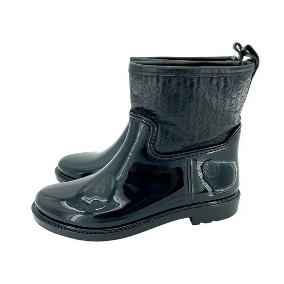 Michael Kors Blakely Rain Logo Embossed Leather Ankle Rubber Boots SZ 7