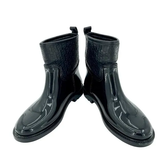 Michael Kors Blakely Rain Logo Embossed Leather Ankle Rubber Boots SZ 7