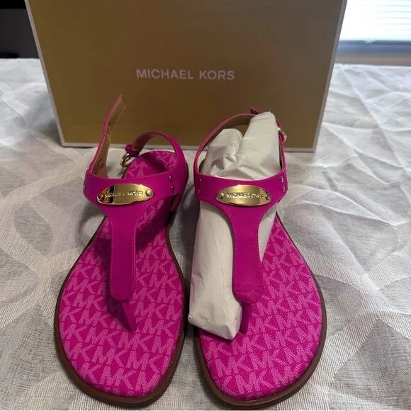 Michael Kors MK Plate Women's Faux Leather Slingback Thong Sandals NWT