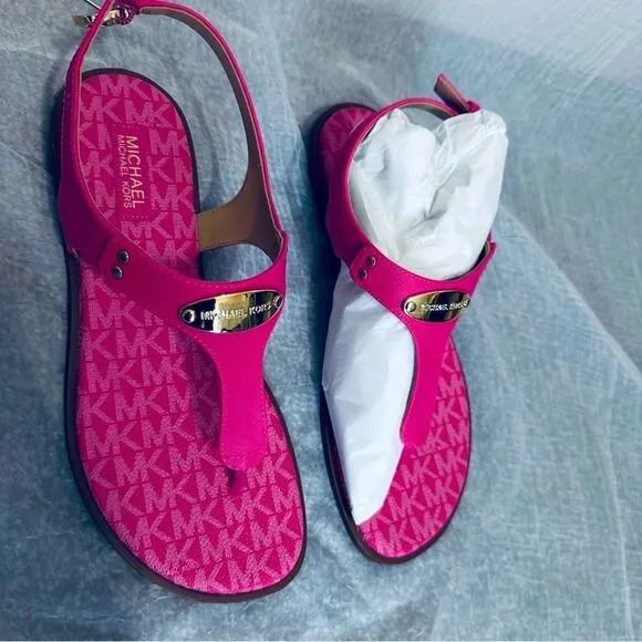 Michael Kors MK Plate Women's Faux Leather Slingback Thong Sandals NWT