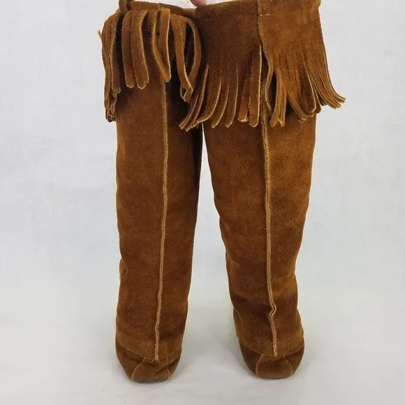 Minnetonka Knee High Boot Womens 7 Moccasins Fringe Front Lace Leather Brown USA