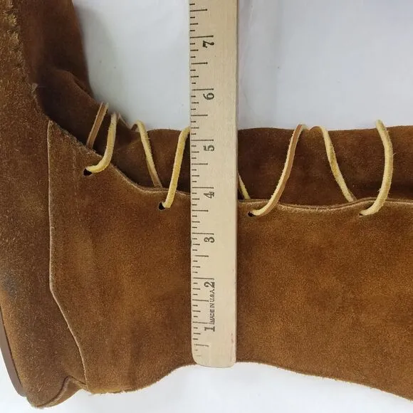 Minnetonka Knee High Boot Womens 7 Moccasins Fringe Front Lace Leather Brown USA