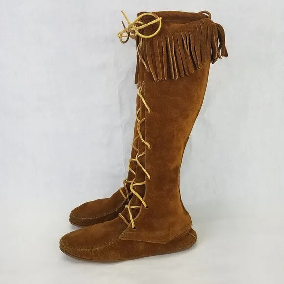 Minnetonka Knee High Boot Womens 7 Moccasins Fringe Front Lace Leather Brown USA