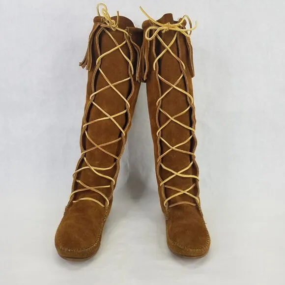 Minnetonka Knee High Boot Womens 7 Moccasins Fringe Front Lace Leather Brown USA