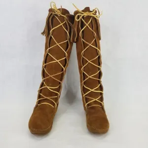 Minnetonka Knee High Boot Womens 7 Moccasins Fringe Front Lace Leather Brown USA