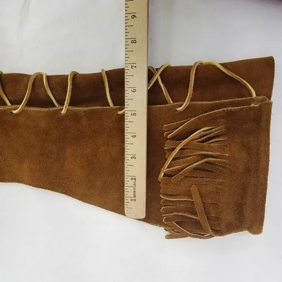 Minnetonka Knee High Boot Womens 7 Moccasins Fringe Front Lace Leather Brown USA