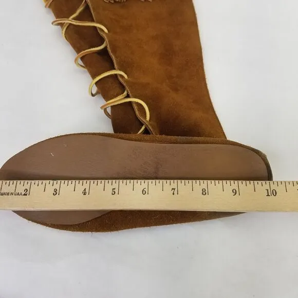 Minnetonka Knee High Boot Womens 7 Moccasins Fringe Front Lace Leather Brown USA