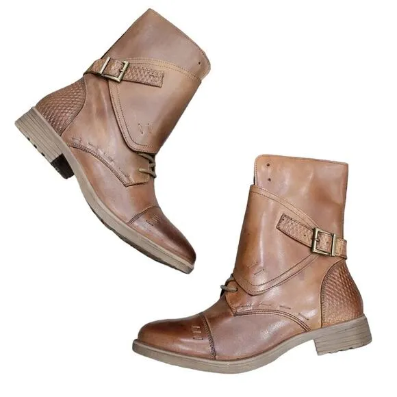 NEW Bedstu Roan Deception Leather Wrap Over Combat Boots Size 8 Tan
