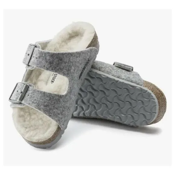 NEW Birkenstock Girls ARIZONA Happy Lamb Grey Sandals Slides Size 32 Winter Fur