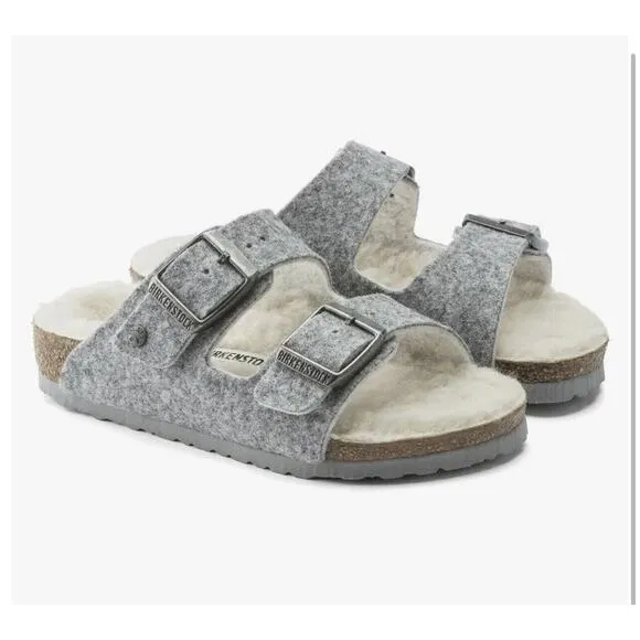 NEW Birkenstock Girls ARIZONA Happy Lamb Grey Sandals Slides Size 32 Winter Fur