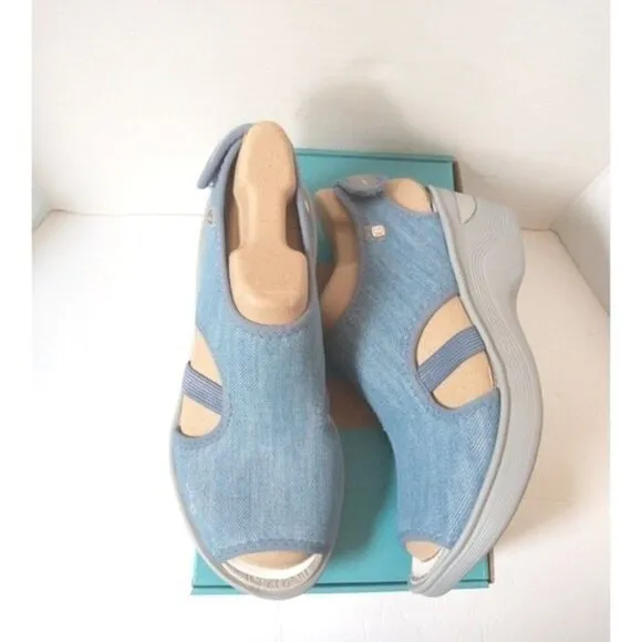 New! BZEES Dream Ankle Strap Wedge Sandals Shoes Blue Denim Machine Washable 9W