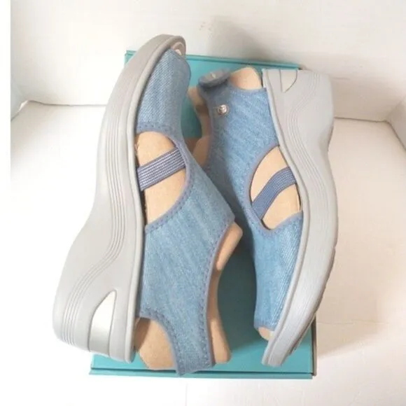 New! BZEES Dream Ankle Strap Wedge Sandals Shoes Blue Denim Machine Washable 9W