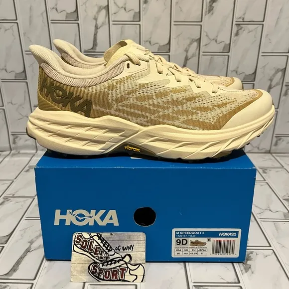 New Hoka One One Speedgoat 5 Trail Running Shoes Hiking Vanilla Wheat Mens 9 D