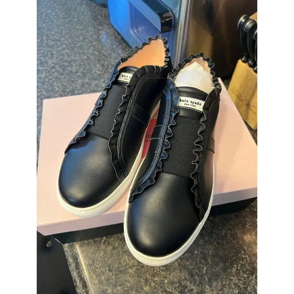 New Kate Spade Black Leather Lance Ruffle Sneakers