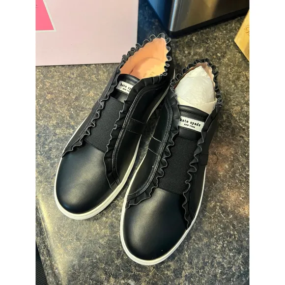 New Kate Spade Black Leather Lance Ruffle Sneakers