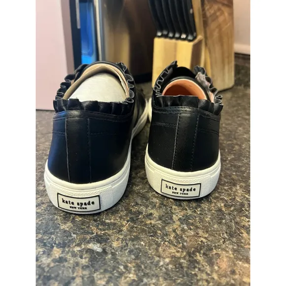 New Kate Spade Black Leather Lance Ruffle Sneakers