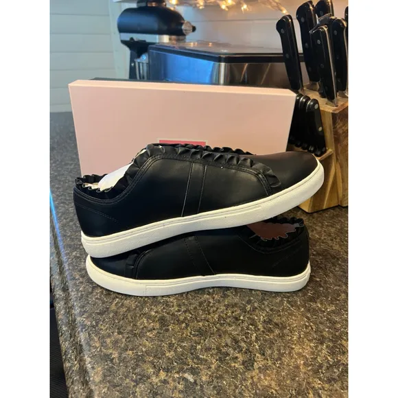New Kate Spade Black Leather Lance Ruffle Sneakers