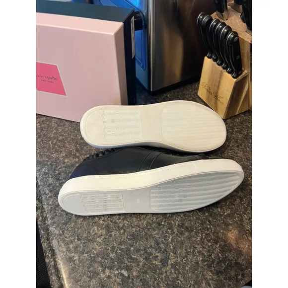 New Kate Spade Black Leather Lance Ruffle Sneakers
