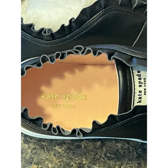 New Kate Spade Black Leather Lance Ruffle Sneakers