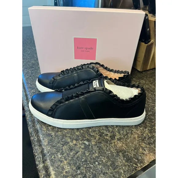New Kate Spade Black Leather Lance Ruffle Sneakers
