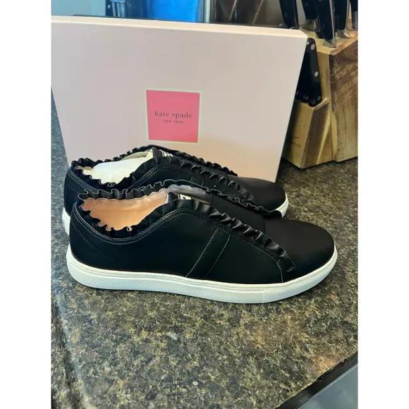 New Kate Spade Black Leather Lance Ruffle Sneakers