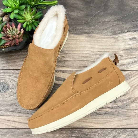 NEW Sperry Moc Sider Tan Indoor Outdoor Suede Moccasin Sneaker Faux Fur Lined 8M