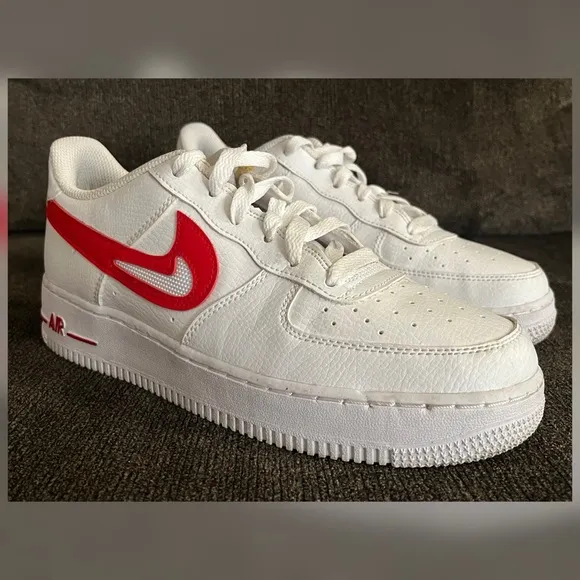 Nike Air Force 1 Low White Red Cut-Out Swoosh Shoes Big Boy-Size 7Y