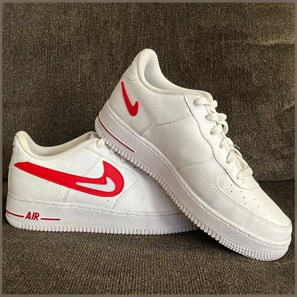 Nike Air Force 1 Low White Red Cut-Out Swoosh Shoes Big Boy-Size 7Y