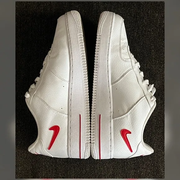 Nike Air Force 1 Low White Red Cut-Out Swoosh Shoes Big Boy-Size 7Y
