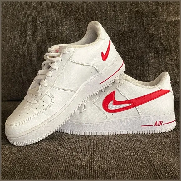 Nike Air Force 1 Low White Red Cut-Out Swoosh Shoes Big Boy-Size 7Y