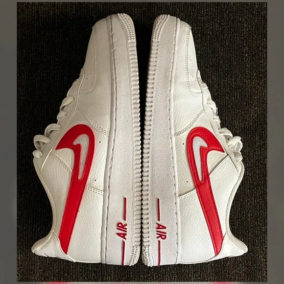 Nike Air Force 1 Low White Red Cut-Out Swoosh Shoes Big Boy-Size 7Y