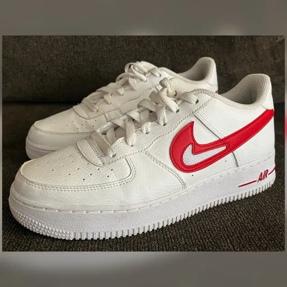 Nike Air Force 1 Low White Red Cut-Out Swoosh Shoes Big Boy-Size 7Y