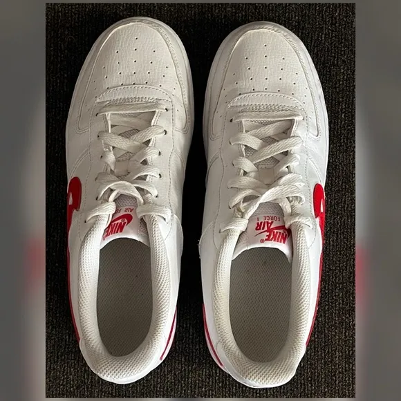 Nike Air Force 1 Low White Red Cut-Out Swoosh Shoes Big Boy-Size 7Y