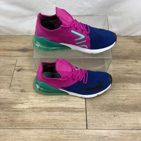 Nike Air Max 270 Flyknit Shoes Men's 9.5 Blue Pink Knit Trainers Running Shoes