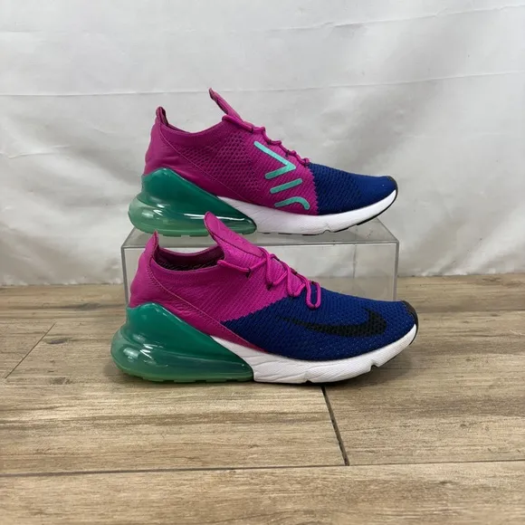 Nike Air Max 270 Flyknit Shoes Men's 9.5 Blue Pink Knit Trainers Running Shoes
