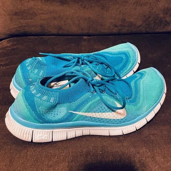 Nike Free 5.0 Flyknit Women's Running Shoes 615806-413 Size 9 Atomic Teal Blue