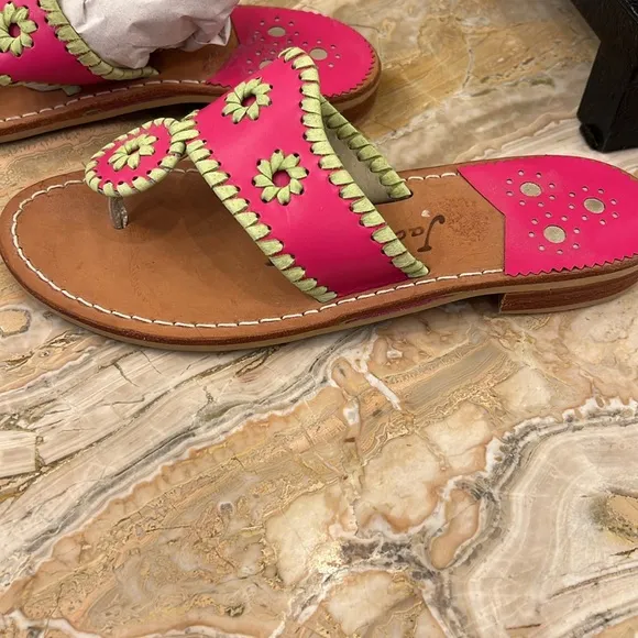 NWOT Jack Rogers Pink With Light Green Whipstitching Sandals, Size 6, Never Worn