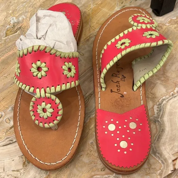 NWOT Jack Rogers Pink With Light Green Whipstitching Sandals, Size 6, Never Worn