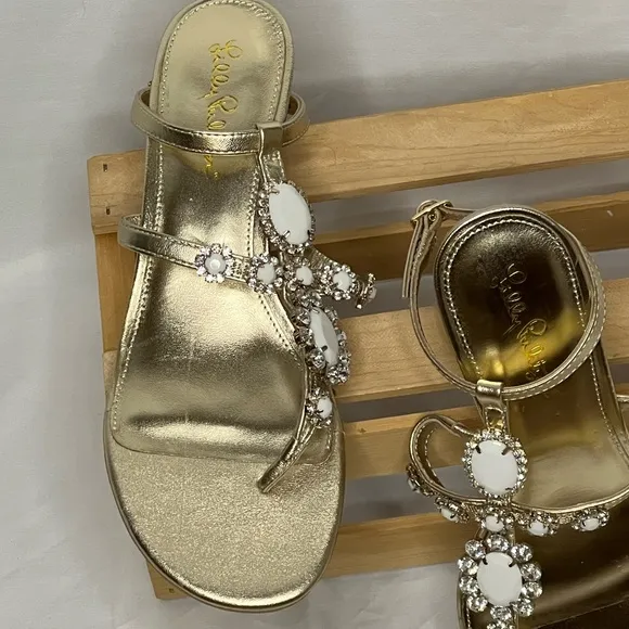 NWOT Lilly Pulitzer Katelyn Gold/White Embellished Sandals Resort Wedges