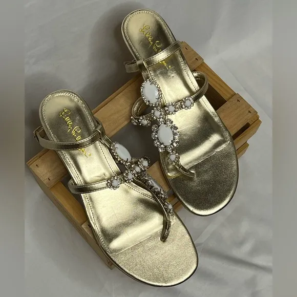NWOT Lilly Pulitzer Katelyn Gold/White Embellished Sandals Resort Wedges