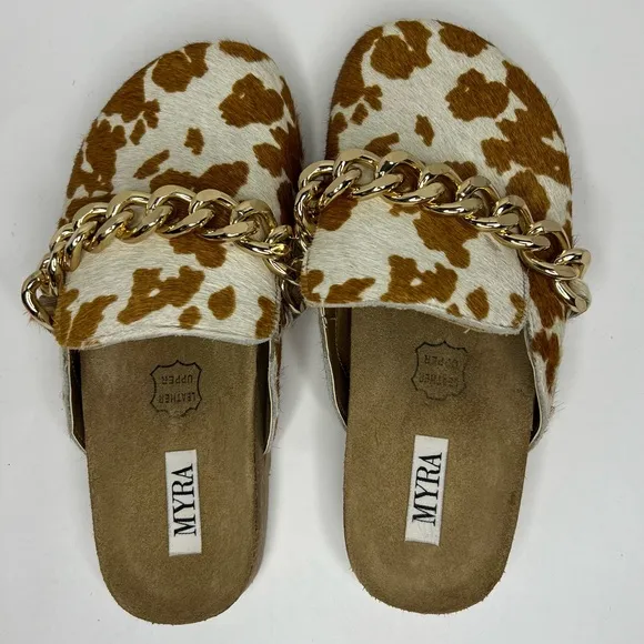 NWOT! Myra Ado Hairon Leather Slip On Cow Print Brown/White Clog Shoes Sz 7