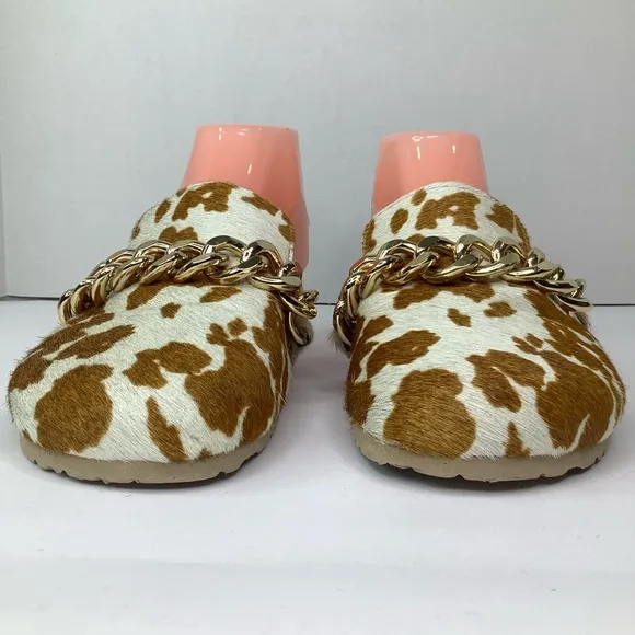 NWOT! Myra Ado Hairon Leather Slip On Cow Print Brown/White Clog Shoes Sz 7