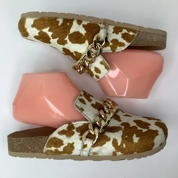 NWOT! Myra Ado Hairon Leather Slip On Cow Print Brown/White Clog Shoes Sz 7